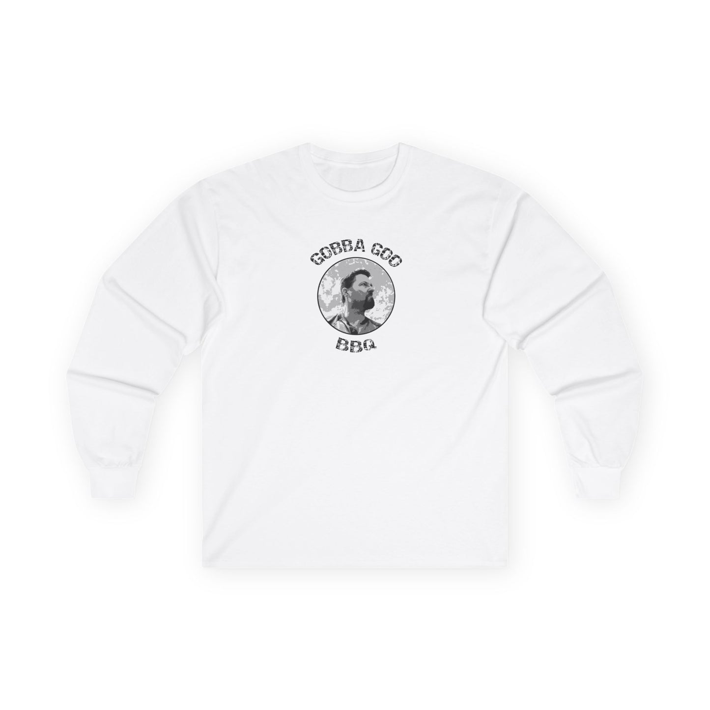 White Gobba Goo BBQ Unisex Long Sleeve Tee with BBQ Theme, Funny Gift for BBQ Lovers, Casual Wear, Men’s and Women’s Tee, Outdoor Cooking Shirt