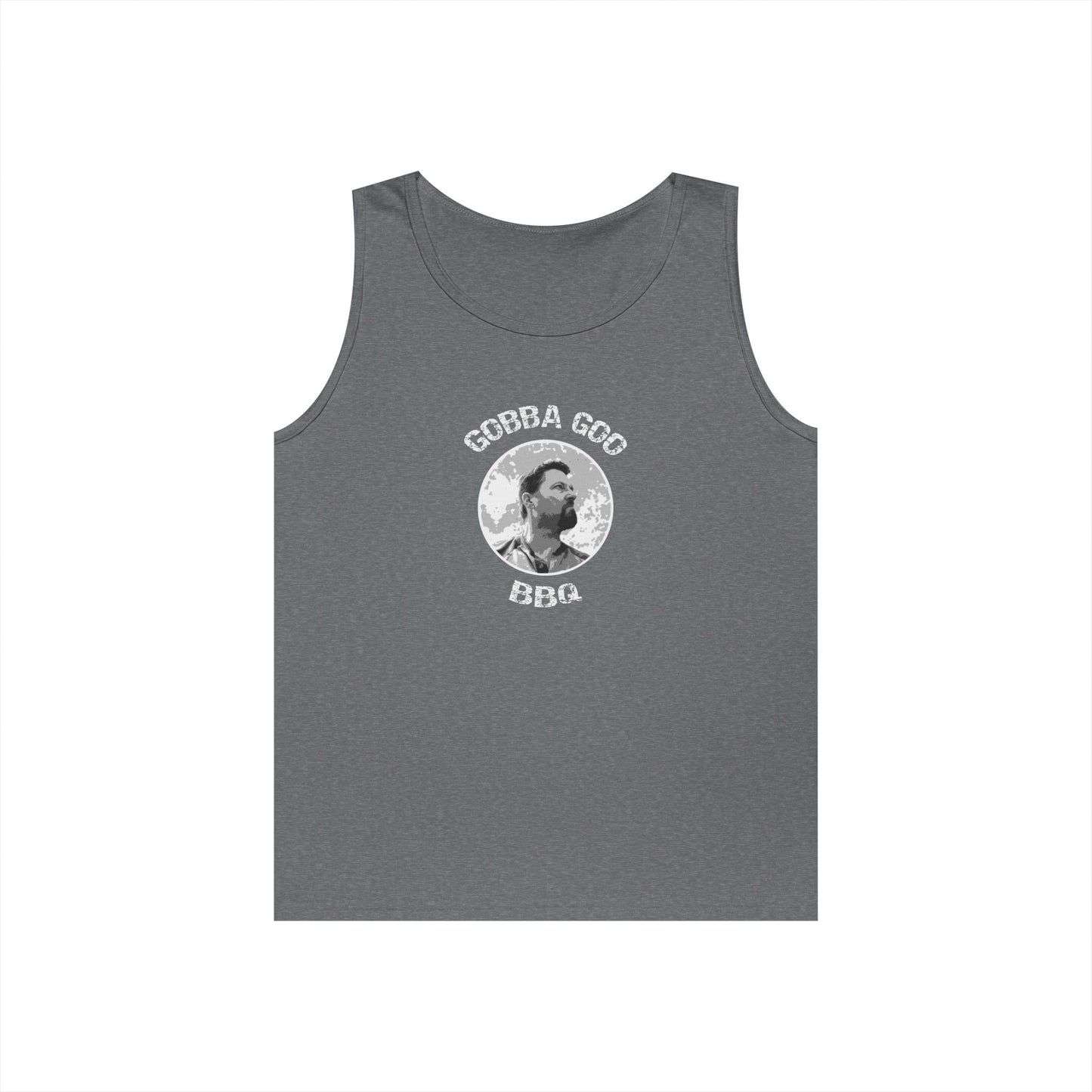 Gray Gobba Goo BBQ Unisex Heavy Cotton Tank Top, Summer BBQ Apparel, Unisex Top, Graphic Tank for Grill Lovers, Gift for BBQ Enthusiasts