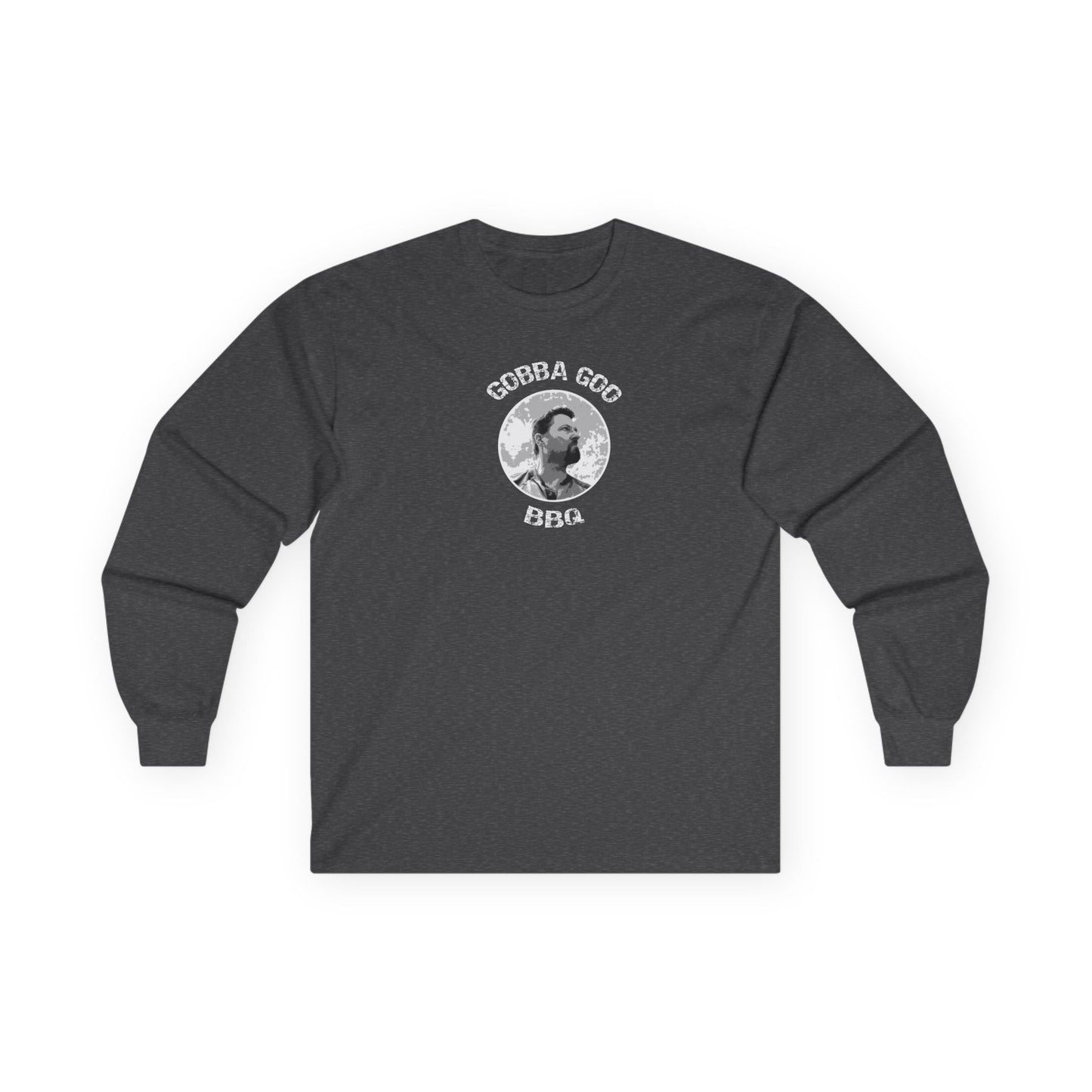 Dark Gray Gobba Goo BBQ Unisex Long Sleeve Tee with BBQ Theme, Funny Gift for BBQ Lovers, Casual Wear, Men’s and Women’s Tee, Outdoor Cooking Shirt