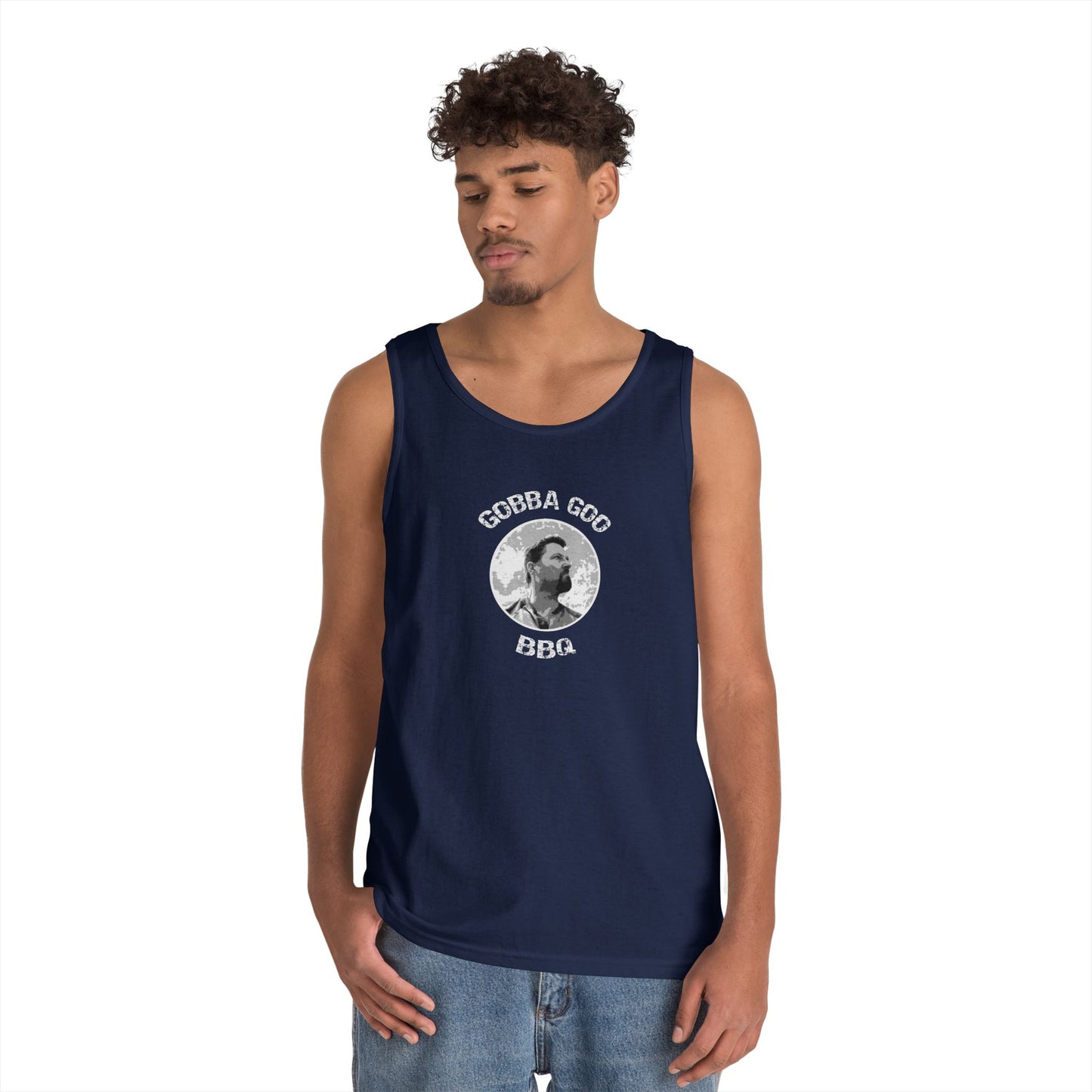 Navy Gobba Goo BBQ Unisex Heavy Cotton Tank Top, Summer BBQ Apparel, Unisex Top, Graphic Tank for Grill Lovers, Gift for BBQ Enthusiasts