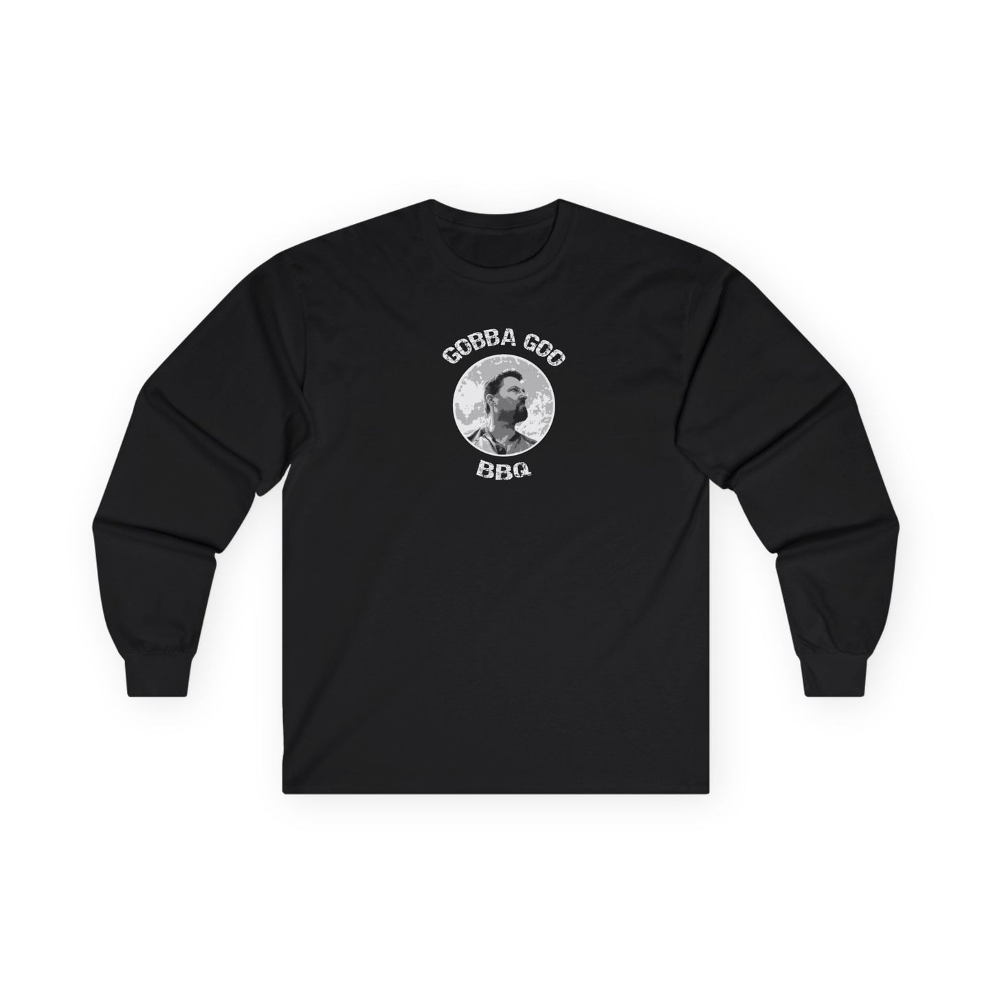 Black Gobba Goo BBQ Unisex Long Sleeve Tee with BBQ Theme, Funny Gift for BBQ Lovers, Casual Wear, Men’s and Women’s Tee, Outdoor Cooking Shirt