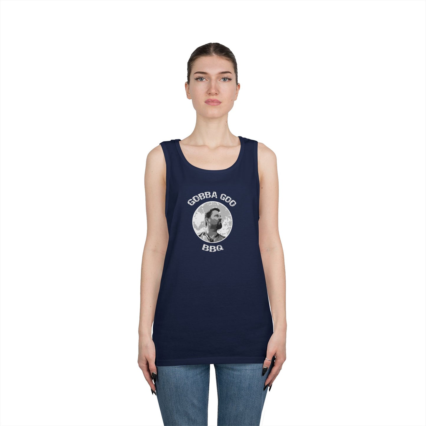 Navy Gobba Goo BBQ Unisex Heavy Cotton Tank Top, Summer BBQ Apparel, Unisex Top, Graphic Tank for Grill Lovers, Gift for BBQ Enthusiasts
