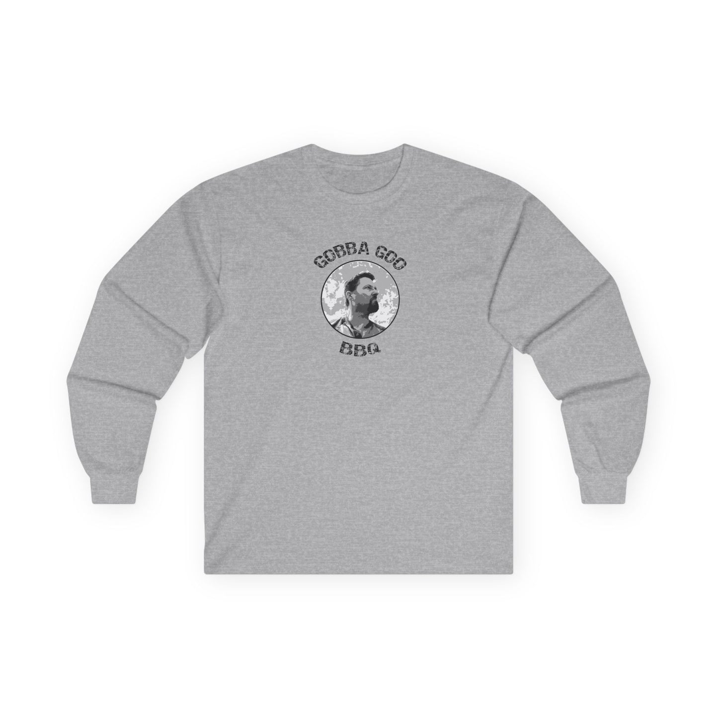 Gray Gobba Goo BBQ Unisex Long Sleeve Tee with BBQ Theme, Funny Gift for BBQ Lovers, Casual Wear, Men’s and Women’s Tee, Outdoor Cooking Shirt