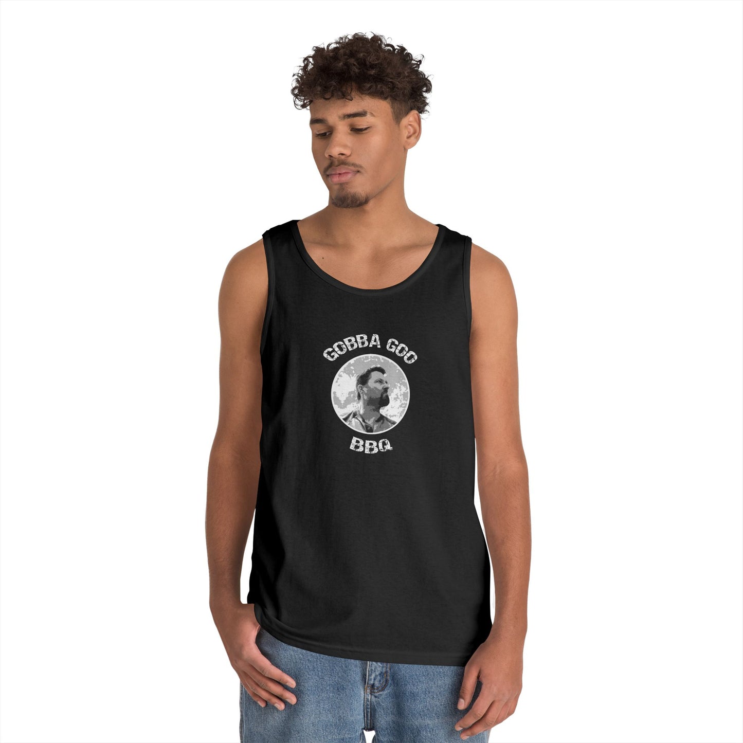 Black Gobba Goo BBQ Unisex Heavy Cotton Tank Top, Summer BBQ Apparel, Unisex Top, Graphic Tank for Grill Lovers, Gift for BBQ Enthusiasts