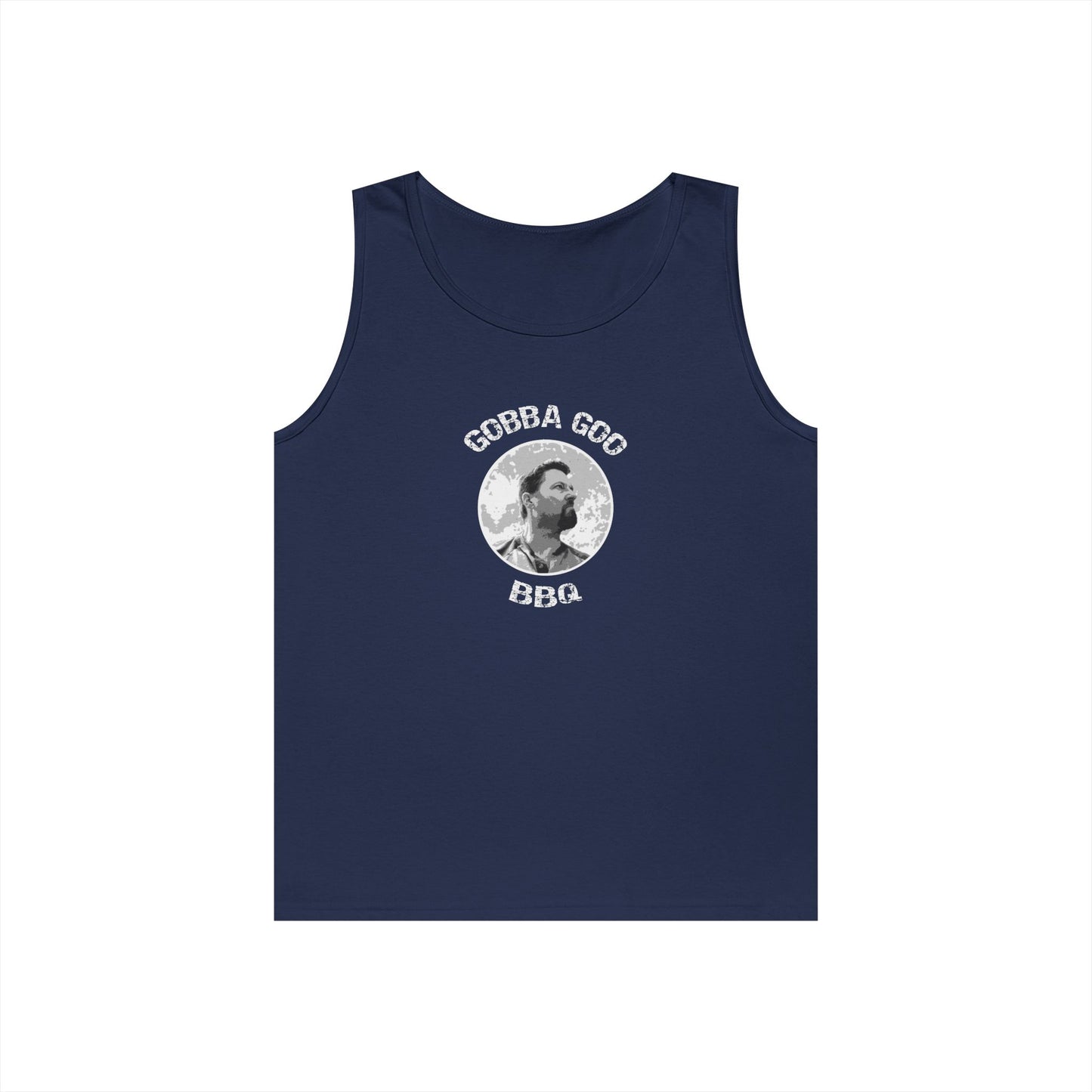 Navy Gobba Goo BBQ Unisex Heavy Cotton Tank Top, Summer BBQ Apparel, Unisex Top, Graphic Tank for Grill Lovers, Gift for BBQ Enthusiasts