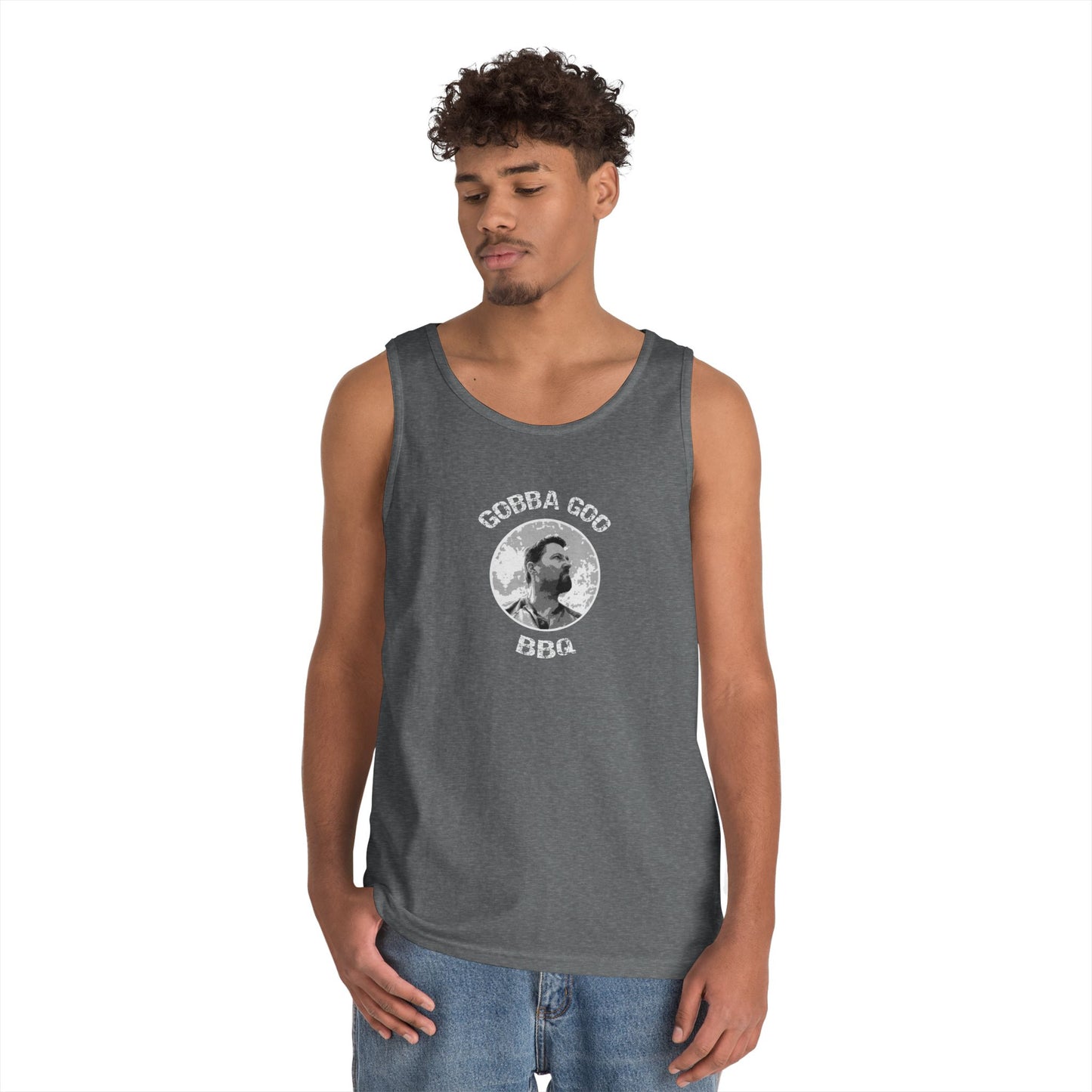 Gray Gobba Goo BBQ Unisex Heavy Cotton Tank Top, Summer BBQ Apparel, Unisex Top, Graphic Tank for Grill Lovers, Gift for BBQ Enthusiasts