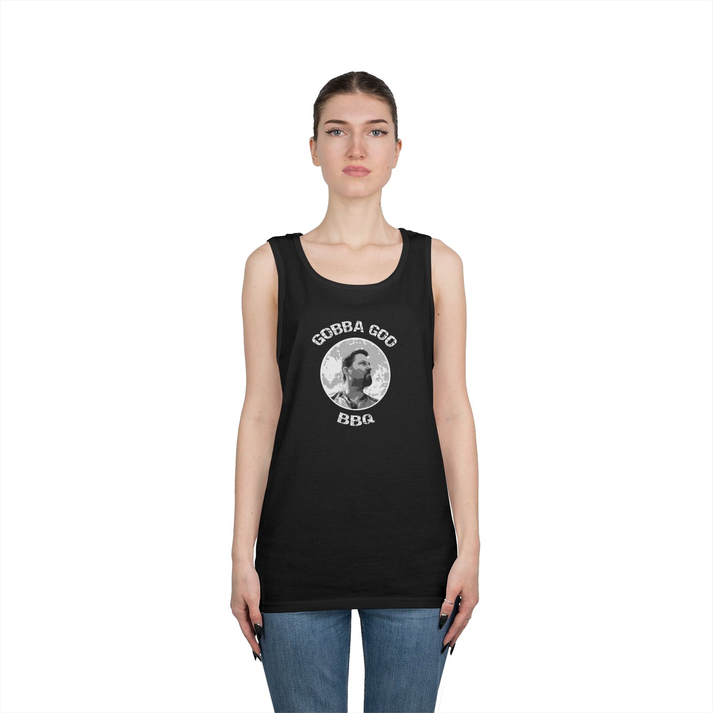 Black Gobba Goo BBQ Unisex Heavy Cotton Tank Top, Summer BBQ Apparel, Unisex Top, Graphic Tank for Grill Lovers, Gift for BBQ Enthusiasts