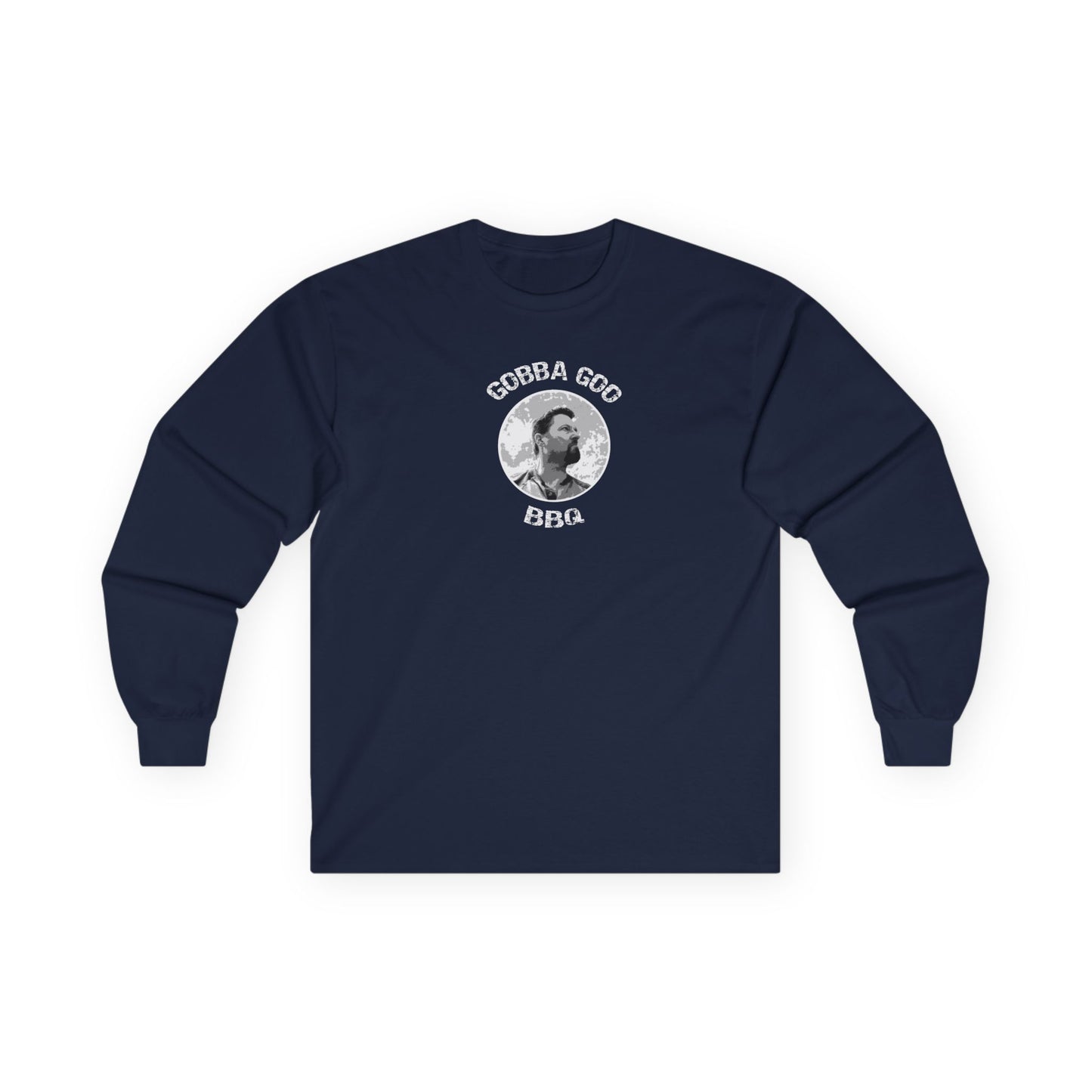 Navy Blue Gobba Goo BBQ Unisex Long Sleeve Tee with BBQ Theme, Funny Gift for BBQ Lovers, Casual Wear, Men’s and Women’s Tee, Outdoor Cooking Shirt