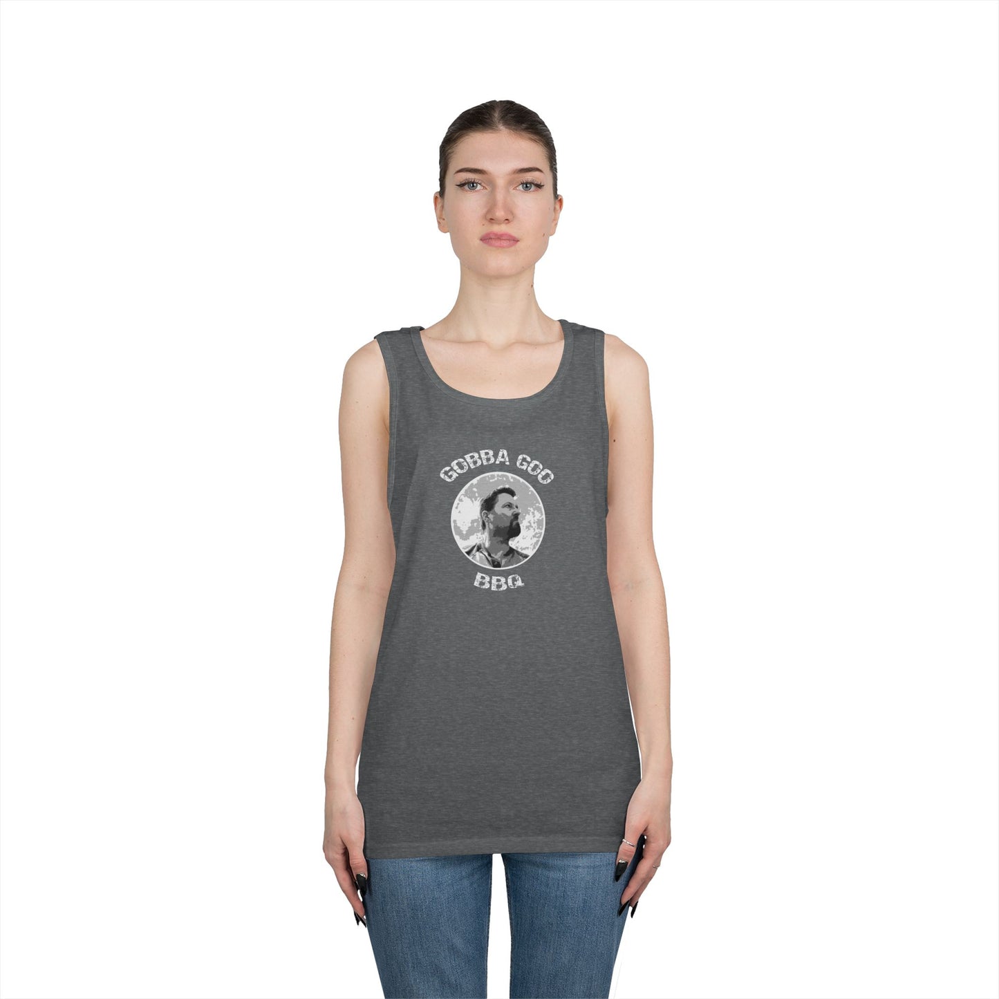 Gray Gobba Goo BBQ Unisex Heavy Cotton Tank Top, Summer BBQ Apparel, Unisex Top, Graphic Tank for Grill Lovers, Gift for BBQ Enthusiasts