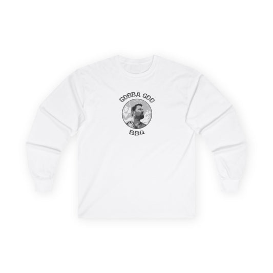 White Gobba Goo BBQ Unisex Long Sleeve Tee with BBQ Theme, Funny Gift for BBQ Lovers, Casual Wear, Men’s and Women’s Tee, Outdoor Cooking Shirt