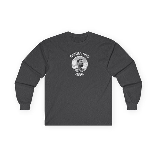 Dark Gray Gobba Goo BBQ Unisex Long Sleeve Tee with BBQ Theme, Funny Gift for BBQ Lovers, Casual Wear, Men’s and Women’s Tee, Outdoor Cooking Shirt