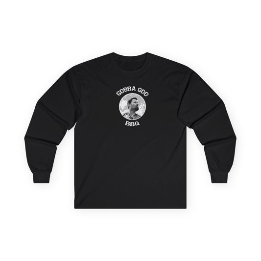 Black Gobba Goo BBQ Unisex Long Sleeve Tee with BBQ Theme, Funny Gift for BBQ Lovers, Casual Wear, Men’s and Women’s Tee, Outdoor Cooking Shirt