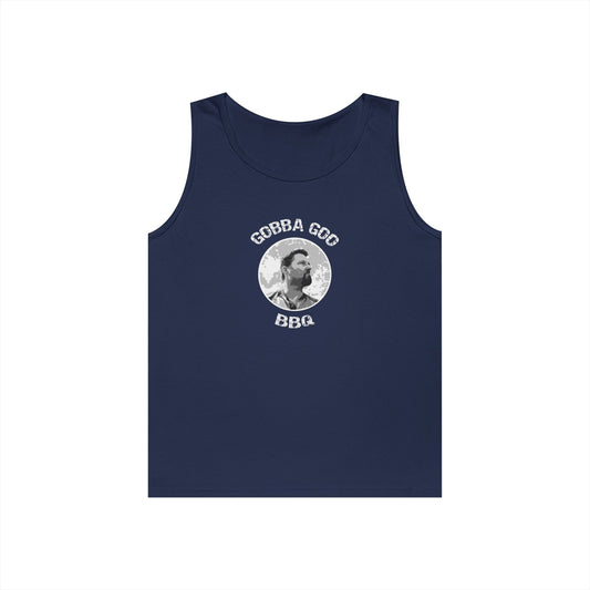 Navy Gobba Goo BBQ Unisex Heavy Cotton Tank Top, Summer BBQ Apparel, Unisex Top, Graphic Tank for Grill Lovers, Gift for BBQ Enthusiasts