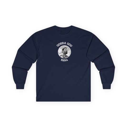 Navy Blue Gobba Goo BBQ Unisex Long Sleeve Tee with BBQ Theme, Funny Gift for BBQ Lovers, Casual Wear, Men’s and Women’s Tee, Outdoor Cooking Shirt
